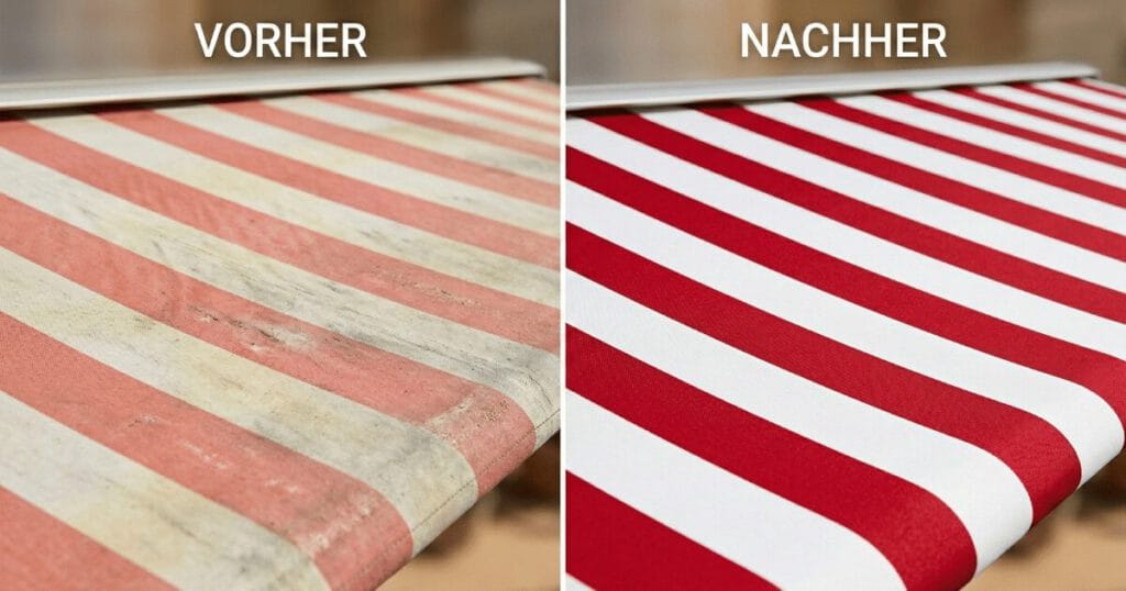 Markisenstoff Vorher-Nachher-Vergleich – ausgeblichener vs. neuer Markisenstoff